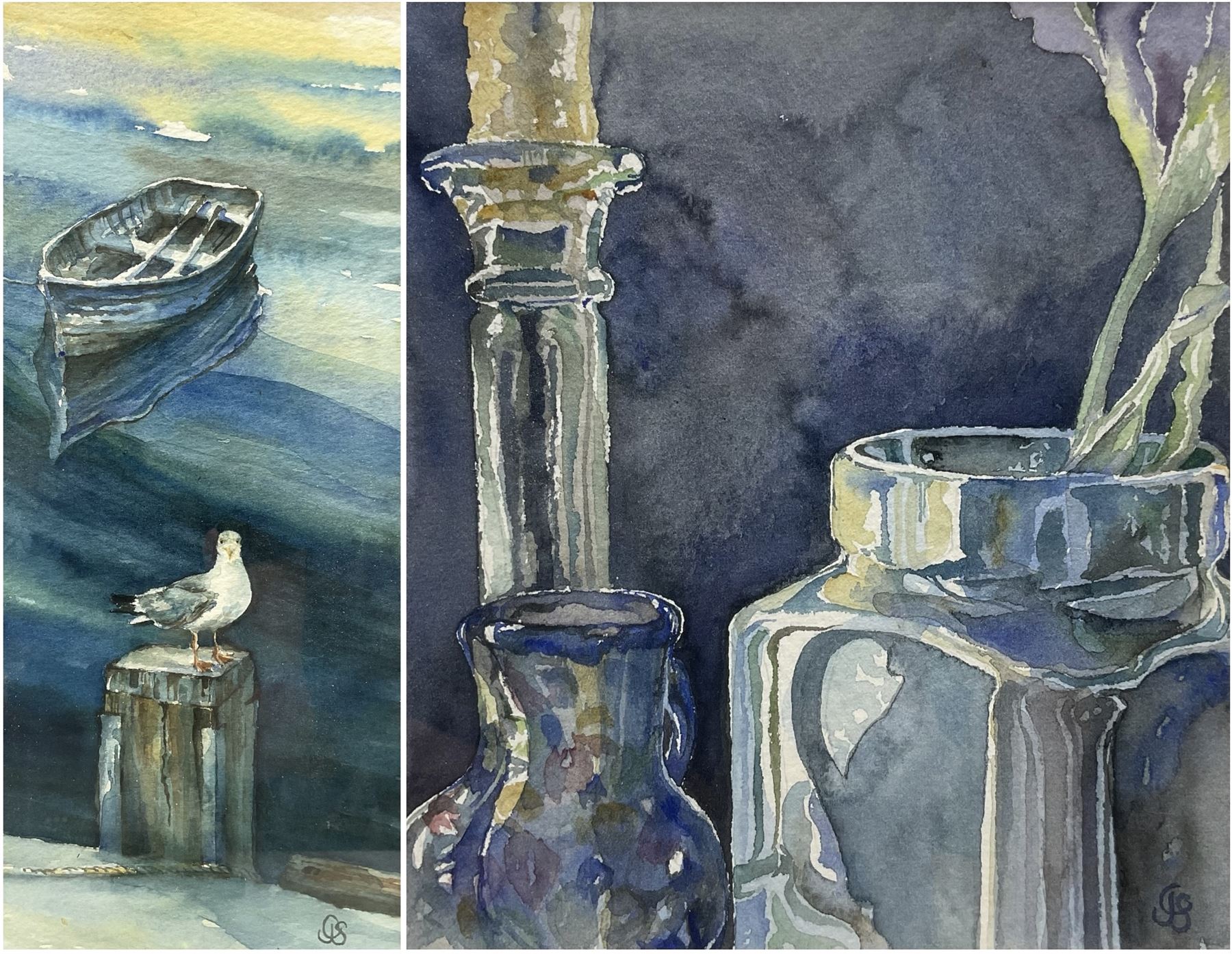 Catherine J Stephenson (Yorkshire 1967-): Seagull at Whitby Harbour and Still Life of Jars, two watercolours signed 30cm x 13cm and 19cm x 16cm (2)
