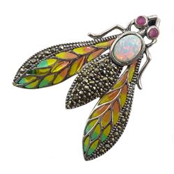 Silver plique-a-jour, marcasite, opal and ruby insect brooch, stamped 925