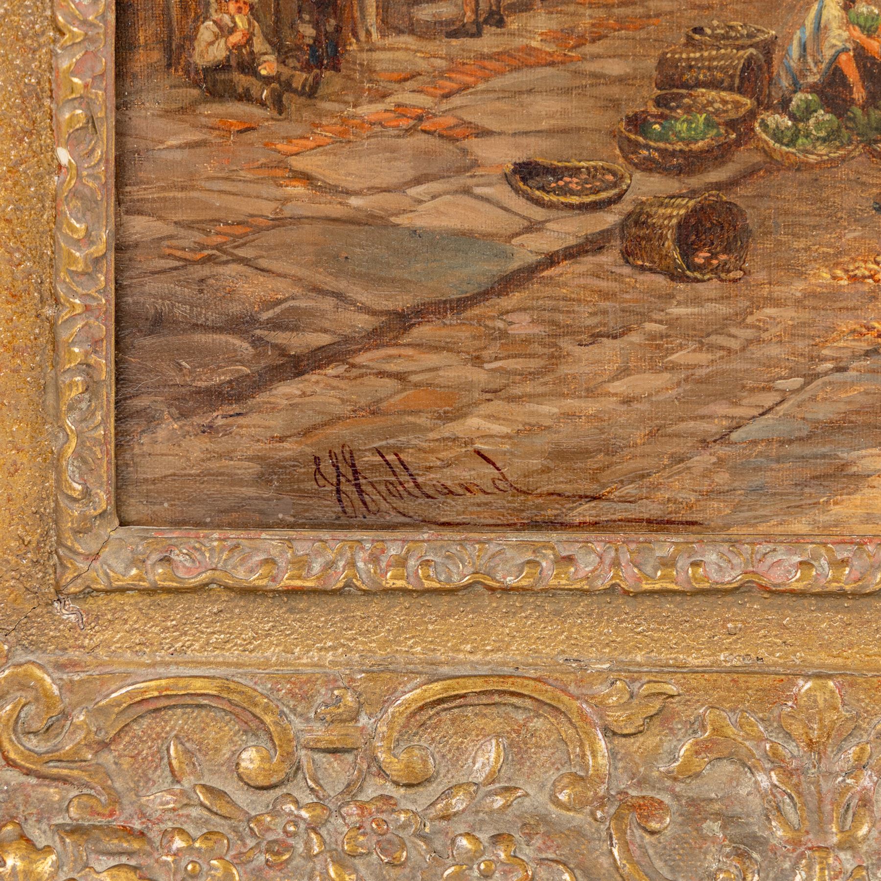 John Holland Snr. (British c1830-1886): 'Watergate - Chester', oil on canvas signed, titled on plaque 43cm x 67cm 
Notes: Likely painted c1870-1872, indicated by a sandwich-board man advertising a 'Panorama of the war between France and Prussia' - a popular form of traveling entertainment in Victorian Britain.