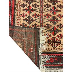Baluch red and light brown ground prayer rug, decorated with stylised plant motifs 