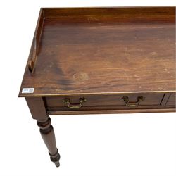 Victorian design mahogany washstand, raised back over rectangular moulded top, fitted with two drawers, on turned supports