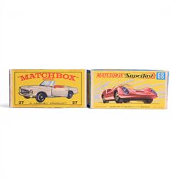 Eight diecast model cars, comprising Corgi Toys no. 233 Heinkel Economy Car with orange body, two Matchbox Superfast examples no. 56 BMC 1800 Pininfarina and no. 68 Porsche 910m two Matchbox Series Moko Lesney examples no. 54 and no. 73 and three Matchbox examples no. 27 Mercedes Benz 230SL, no. 38 Camper and no. 17 The Londoner, all boxed