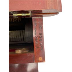 Carl Bechstein - late 19th century German overstrung upright piano, in a model 4 Arts and Crafts case designed by Walter Cave, with a lattice music desk and fretted silk backed front panel, brass hinged case lid and key fall with square tapered candle holders and circular sconces, iron frame, serial number 52187 (1899-1900), with an under damper action, 85 ebony and ivory keys, sustain and una corda pedals, original action, stringing, dampers, and action return straps, registered case number 328639, USA patent 24805.

This item has been registered for sale under Section 10 of the APHA Ivory Act