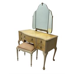 F Wrighton & Sons Ltd -  French style painted serpentine dressing table, with triple mirror back, on cabriole supports (106cm x 55cm x 135cm), and F Wrighton & Sons Ltd - French style narrow double wardrobe (92cm x 54cm x 187cm)