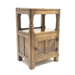  'Mouseman' 1930s adzed oak bedside cabinet, all over adzed excluding the back, single door panelled with figured burr oak, by Robert Thompson of Kilburn, W48cm, H75cm, D38cm  Provenance - Bought in 1937 by Capt. N.L. Barker from Robert Thompson in Kilburn, we have a copy of the original receipt   