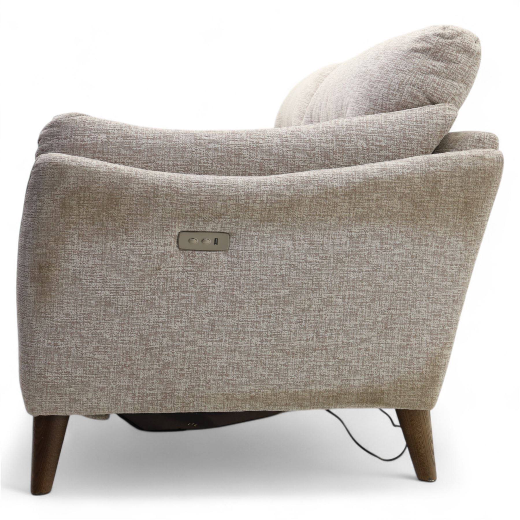 Ashwood - ‘Calypso’ 2-seater motion lounger, upholstered in light stone grey textured fabric with flared arms and split back cushions, fitted with dual electric recline controls, raised on stained tapering legs