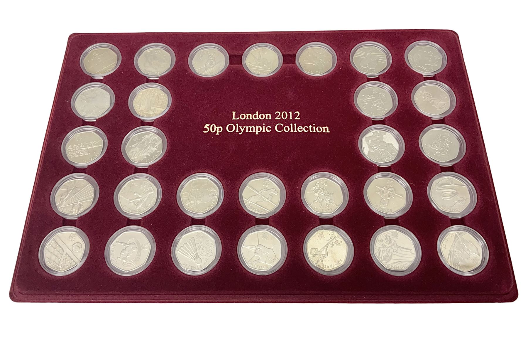 Queen Elizabeth II United Kingdom London 2012 Olympic commemorative fifty pence collection comprising twenty-nine coins, housed in unofficial display case