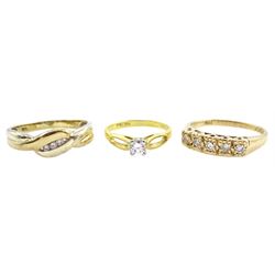 18ct gold single stone diamond ring, 9ct gold three stone diamond ring and a 9ct gold five stone diamond ring, all hallmarked (3)