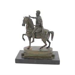 After the antique, bronzed figure of Marcus Aurelius upon horseback, on a rectangular stone base, H22cm   
