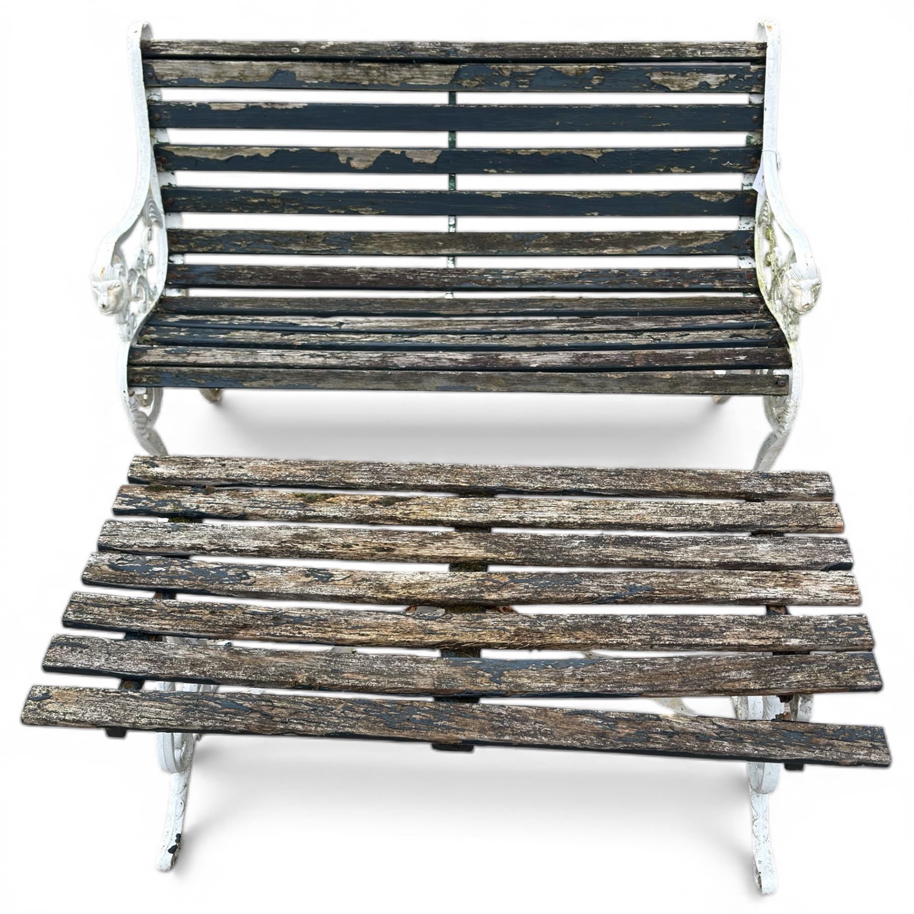 White painted cast iron slatted garden bench with 110cm wide rectangular coffee table