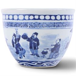Pair of blue and white moulded vases, decorated with dragons amongst clouds, together with two blue and white planters painted, the first decorated with pagodas within a landscape scene, the other with musicians, vases H26cm 