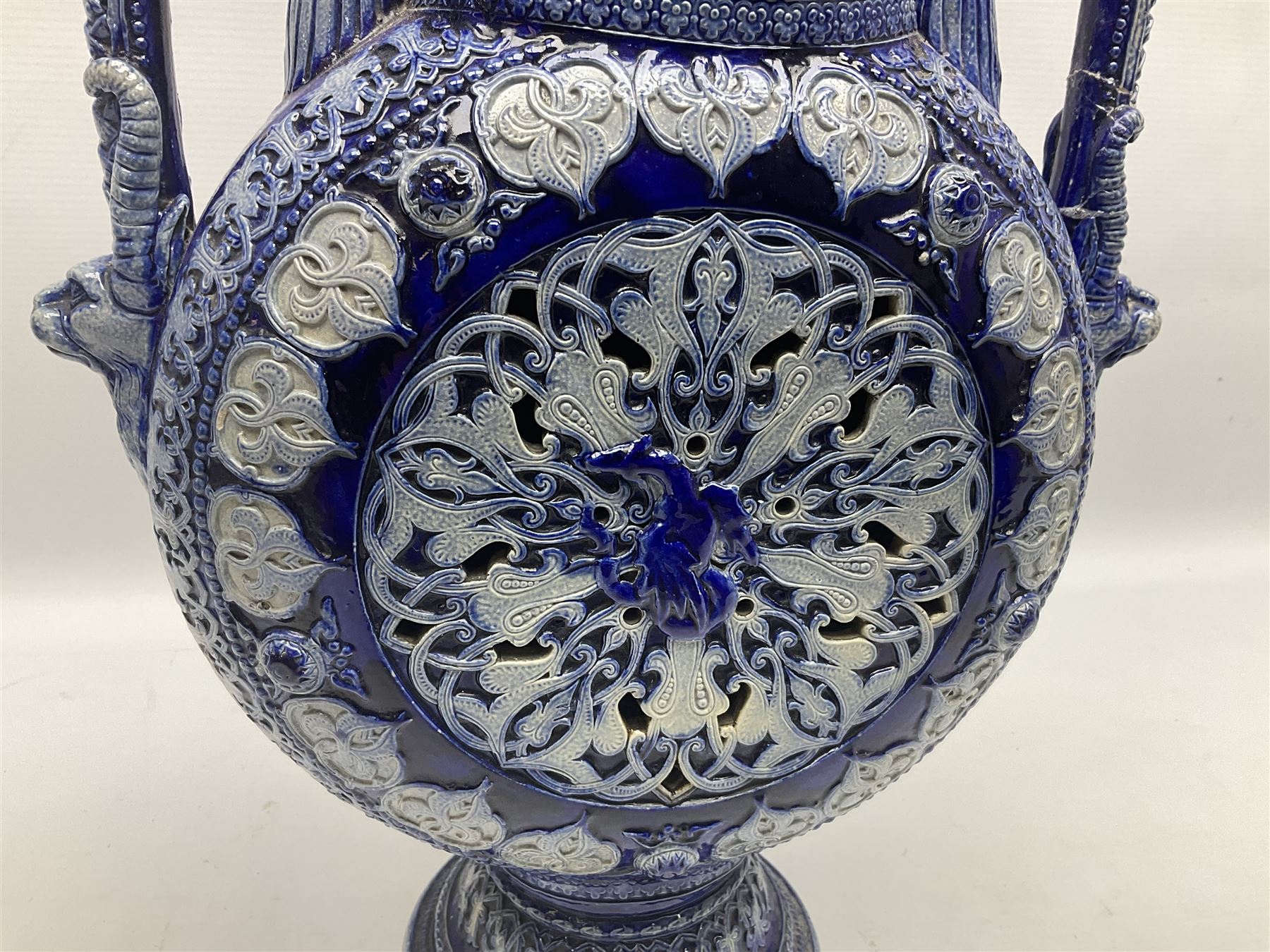 German stoneware blue glazed vase of flattened form with twin handles, H49cm (a/f)