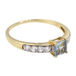 9ct gold square cut aquamarine ring, with white zircon shoulders, hallmarked