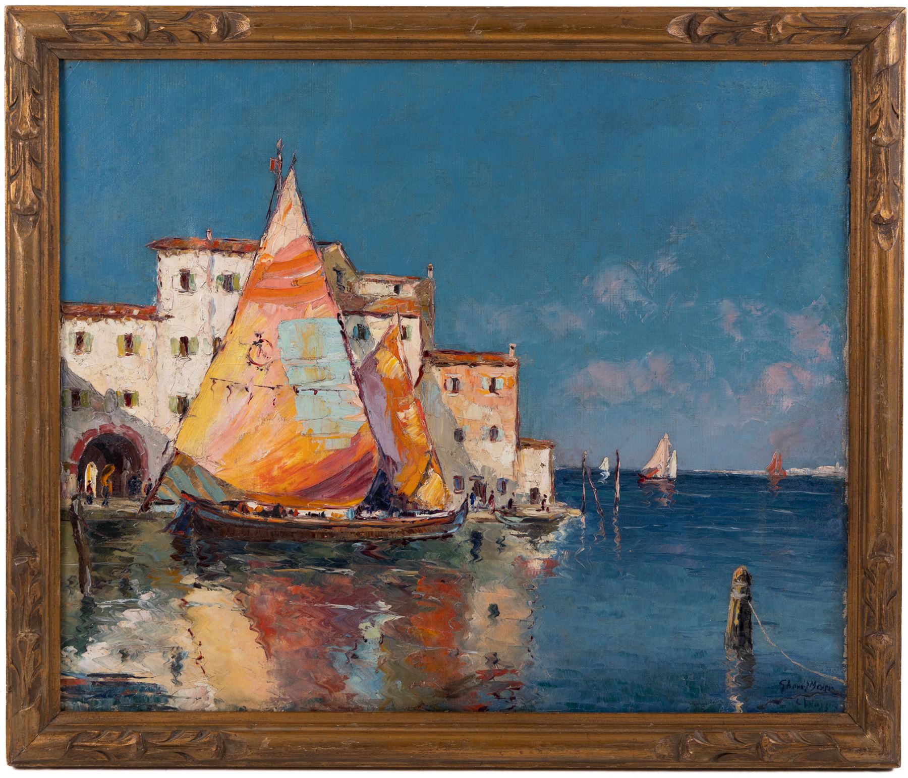 Bruno Gherri-Moro (Italian 1899-1967): Sail Boats at 'Chioggia', oil on canvas signed and titled 45cm x 54cm