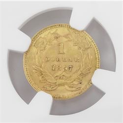United States of America 1857 gold dollar coin, encapsulated and graded MS60 by NGC
