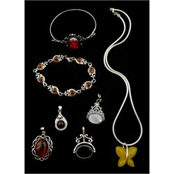 Silver Baltic amber jewellery including heart link bracelet, two pendants and bracelet, two silver stone set swivel pendants and a silver hardstone butterfly pendant necklace, all stamped or hallmarked 