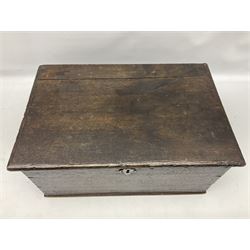 George III oak box of rectangular form, the hinged lid enclosing an interior pine lift out tray, inscribed to the front 'Francis S. Wigram', H23cm, D33cm