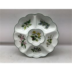 Wedgwood Countryware dinner wares, to include cruets, sauce boat and stand, two jugs etc, together with Wedgwood jasperware boxed HOW Group 40th Birthday 16.5cm plate, Royal Worcester 'Herbs' large sectioned dish and two Hornsea Windrush vases, Sorrento marquetry twin handled tray with musical motif to centre, L40cm, W Widdop brass carriage clock with quartz movement, pellet drum, Whitall Tatum Company No.1 glass insulator, silver plate and other misc etc