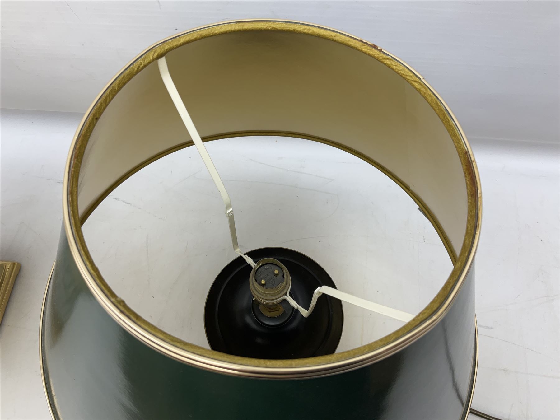 Italian ceramic table lamp decorated with geometric green and black pattern on white ground with gilt metal square plinth base, together with a green and black marbled effect lamp by Holkham pottery, both with shades, tallest H47 incl shade