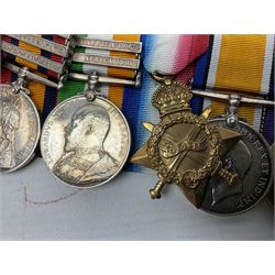 South Africa/WW1 Distinguished Service Order group of seven medals comprising D.S,O. with original ribbon bar and top bar slider, Queens South Africa Medal with three clasps for Defence of Kimberley, Orange Free State and Transvaal, Kings South Africa Medal with two clasps for South Africa 1901 & 1902 awarded to Capt. C.J. O'Gorman D.S.O. R.A.M.C., 1914-15 Star, British War Medal and Victory Medal with MID oak leaves awarded to Major (later Lt. Col.) C.J. O'Gorman D.S.O. R.A.M.C. and Kimberley Star 1899-1900; together with copies of research and biographical material