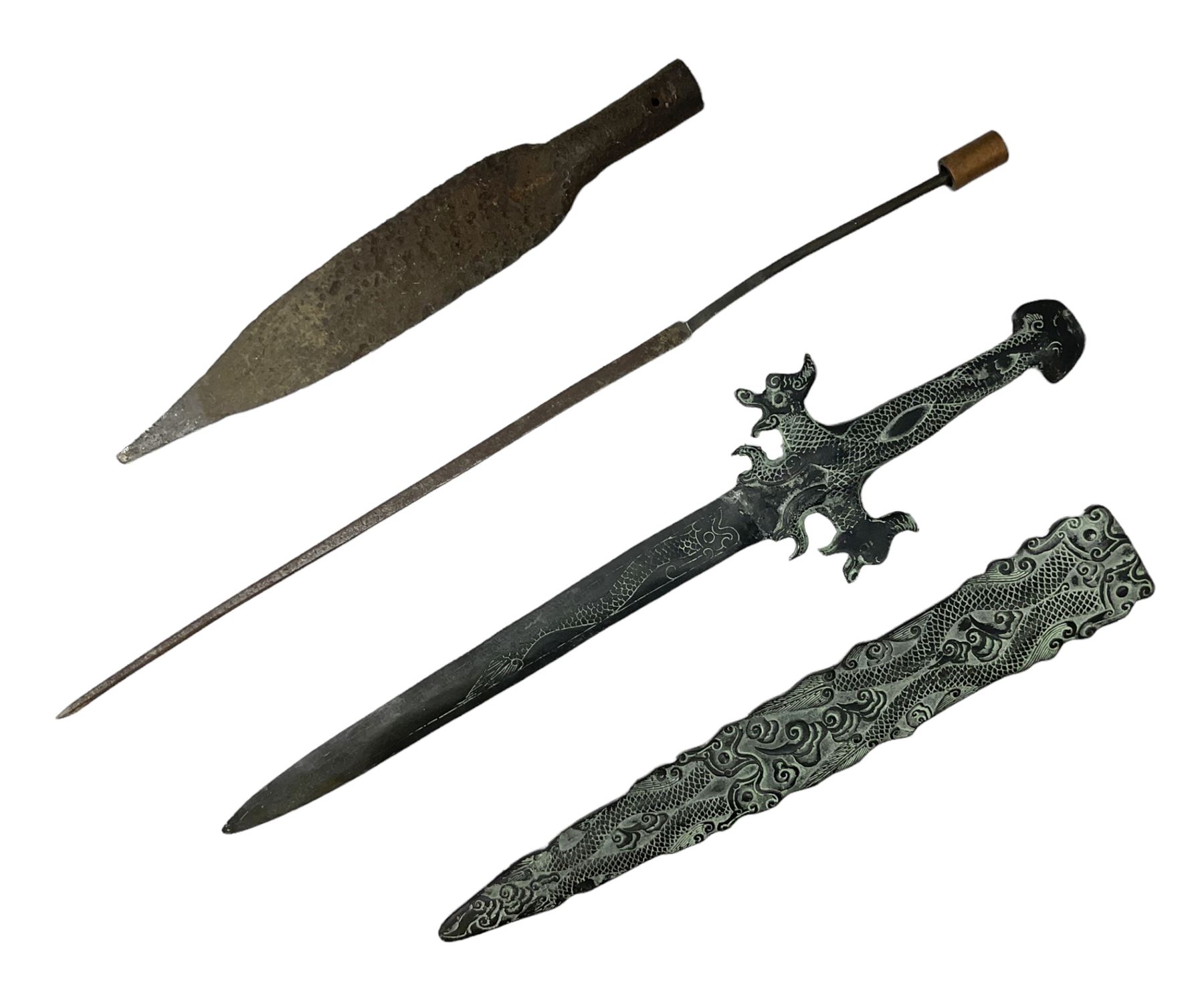 Patinated 'bronze' fantasy dagger, the 26cm blade, hilt and scabbard cast with dragons L50cm overall; hand forged iron spearhead L29.5cm; and a stiletto blade (3)