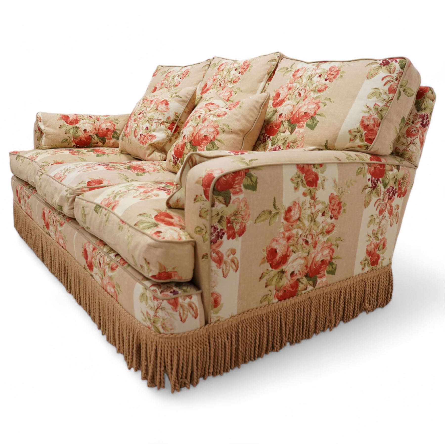 Edwardian design two-seat sofa (W165cm, H83cm, D106cm); and matching pair of armchairs (W80cm); upholstered in striped fabric decorated with floral bouquets and gold fridge