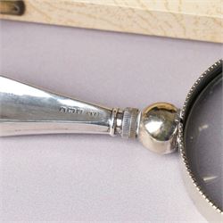 Silver three piece condiment set London 1973-1976 Maker C J Vander Ltd, George III silver sauce ladle London 1798, five silver coffee spoons, Dutch pierced silver server, silver handled knife, silver handled magnifying glass and small silver dish