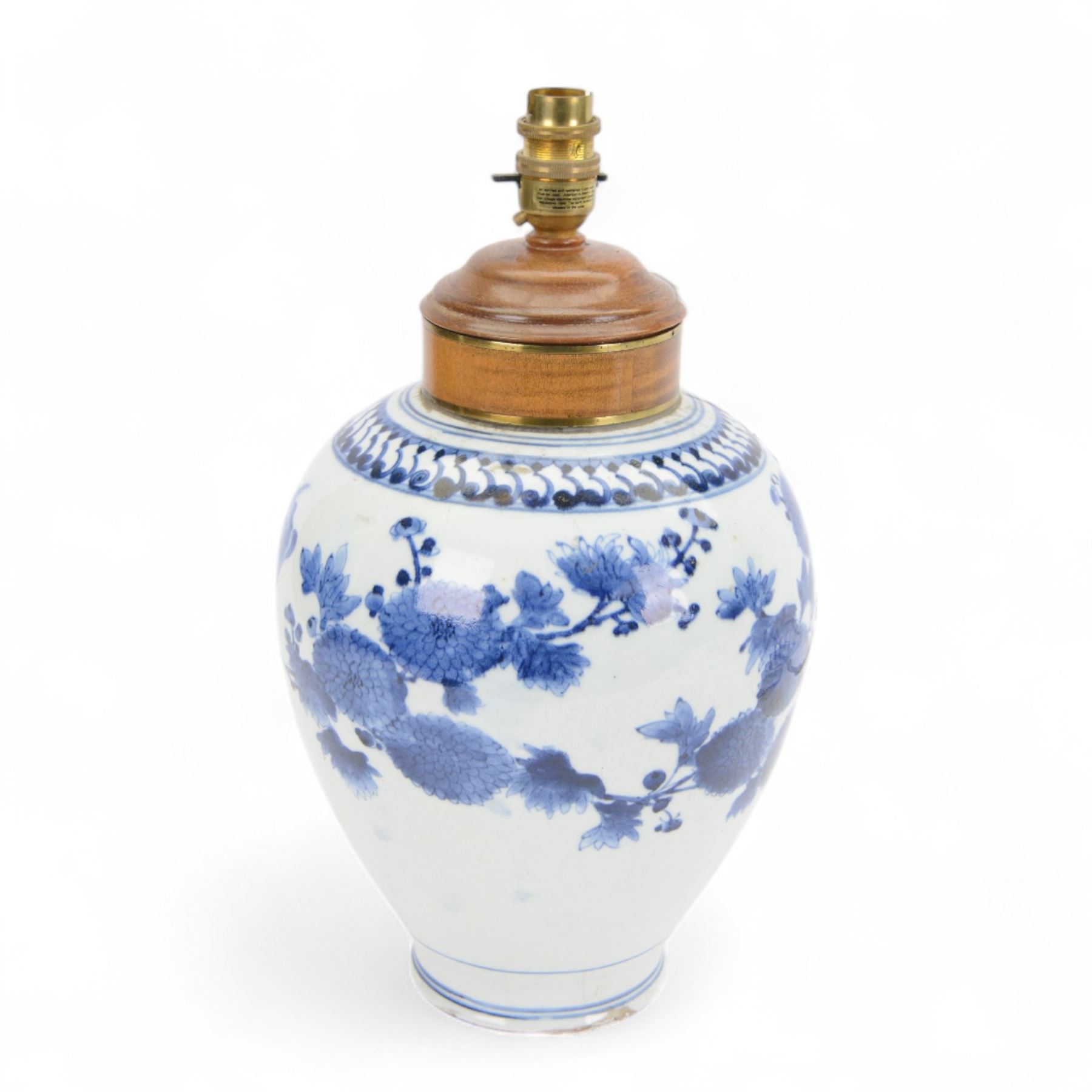 20th century Chinese blue and white vase converted to a table lamp, decorated with birds amongst flowering branches, H40cm 