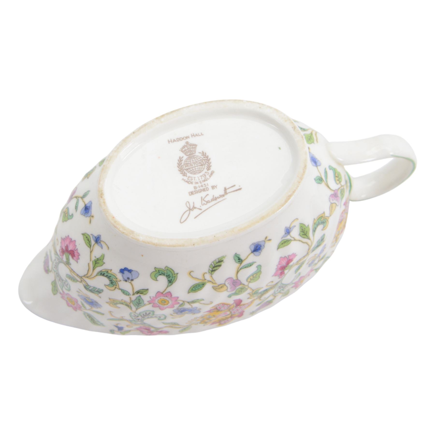 Minton Haddon Hall part dinner service, including teapot, nine dinner plates, nine soup bowls, two serving dishes, sauce boat and saucer etc in two boxes 