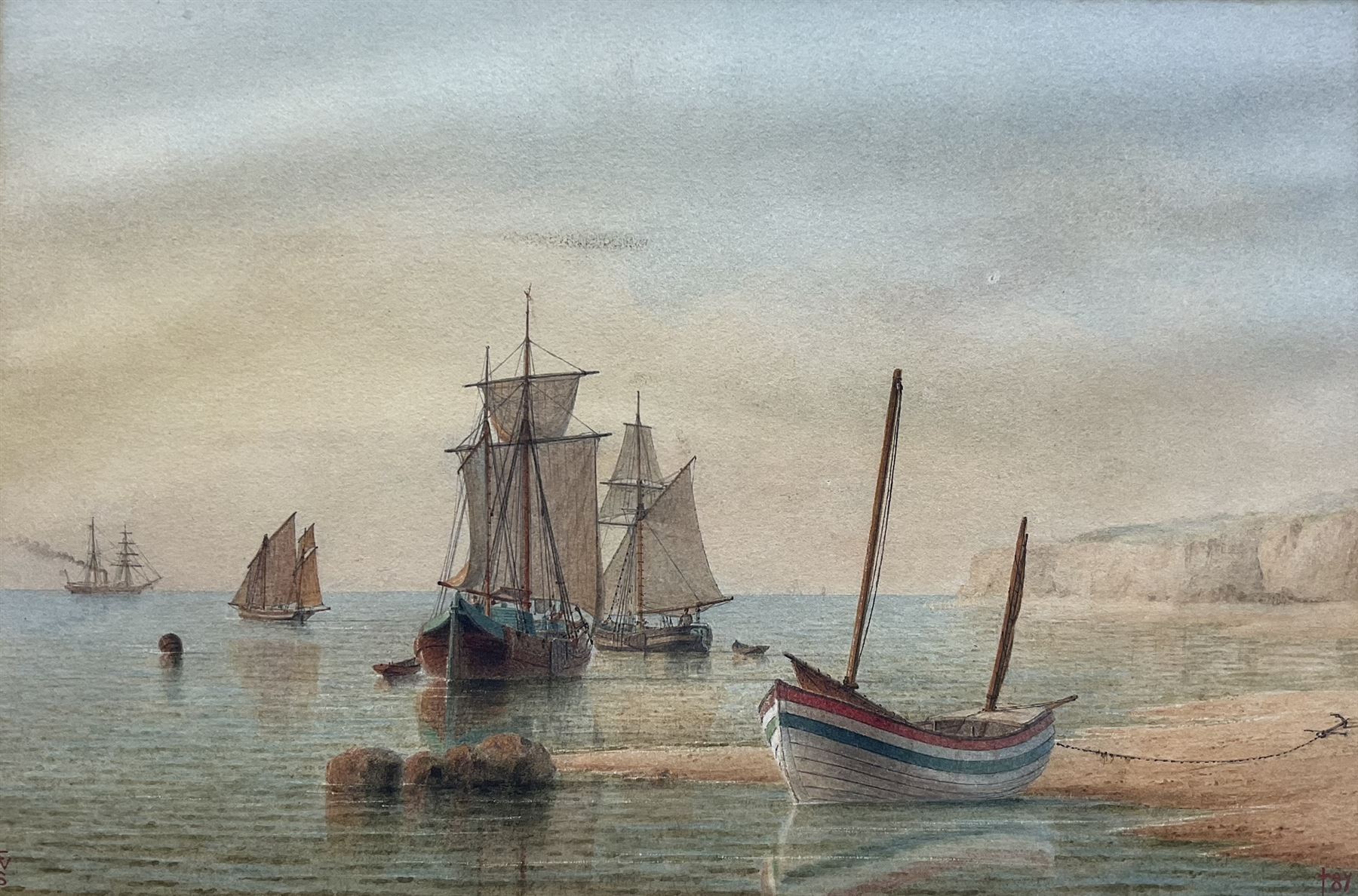 William Frederick Settle (Hull 1821-1897): Fishing Boats on the Shore at Flamborough, watercolour signed with monogram and dated '87, 22cm x 34cm