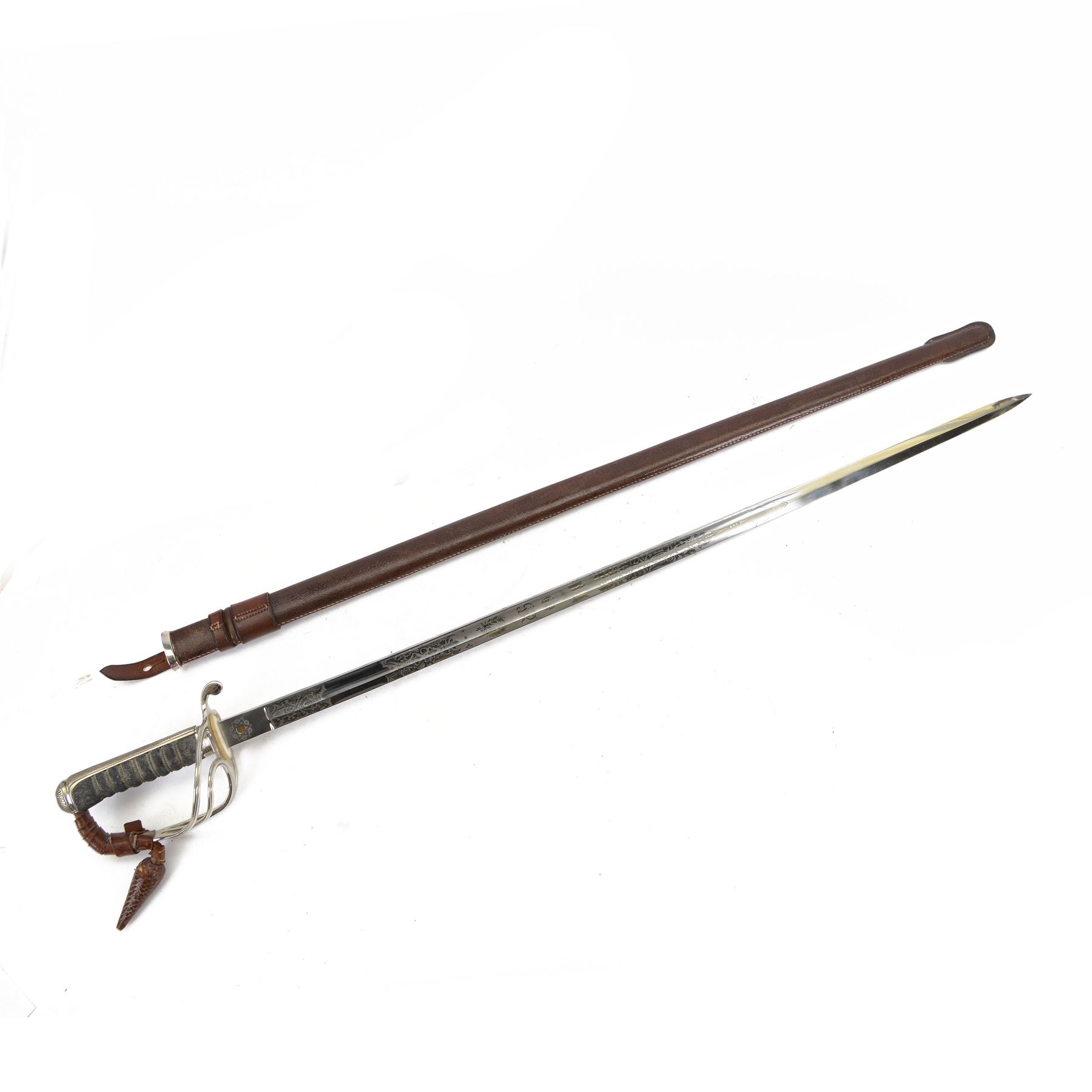George VI Royal Army Service Corps Officer's sword, with 87cm steel blade, wirebound fishskin grip, chequered backstrap and stepped domed pommel, in brown leather scabbard, overall L102cm