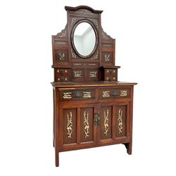 Possibly Anglo-Chinese - late 19th century bone inlaid dressing chest, oval mirror back with trinket drawers, fitted with two drawers over double cupboard, inlaid with bone foliate decoration