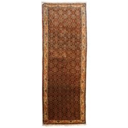 North West Persian Bidjar hand-knotted runner, terracotta field with a repeating mahi desi...