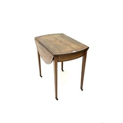 Edwardian mahogany inlaid and cross banded Pembroke table, square tapering supports raised on brass castors 