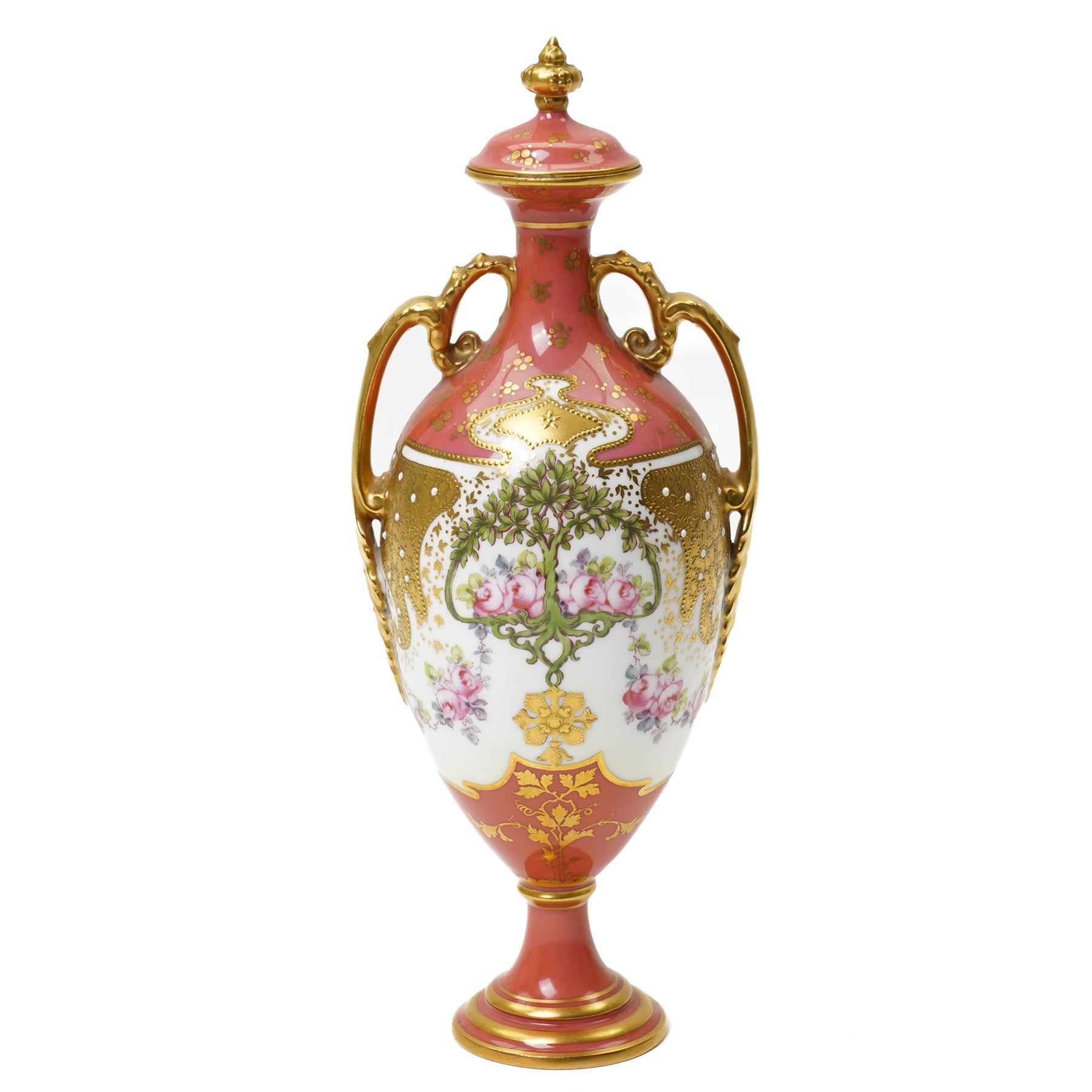 Early 20th century Royal Crown Derby vase and cover, of slender form, the pompadour pink ground with gilt decoration, painted centrally with a tree, printed marks to base, H25cm 