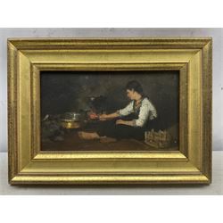 Johannes Weiland (Dutch 1856-1909): Girl Tending a Fire, oil on panel signed 14.5cm x 25cm 
