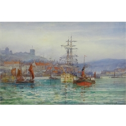  Frank (Frederick) William Scarborough (British 1860-1939): Steam Paddle Tug and Sailing Boats Whitby Harbour, watercolour signed 33cm x 50cm  
