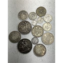 Two Queen Victoria silver crown coins dated 1889 and 1892, 1895 sixpence and small number of other pre 1920 coins and approximately 80 grams of Great British pre 1947 silver coins