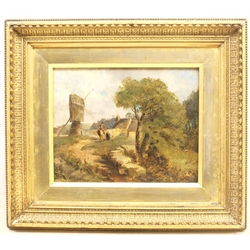 English School (19th century): Figures on Horseback by a Windmill, oil on board indistinctly signed Wilkie? (possibly David Wilkie), 19cm x 24cm and Woodland Walk, early 20th century oil on board unsigned 42cm x 35cm (2)