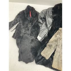 Ladies grey coney fur jacket, size 14,  black fur coat with brown leather belt, size 12, long fur lined leather coat, dark grey ladies fur coat, size 12 and fur stole, make DourD.  