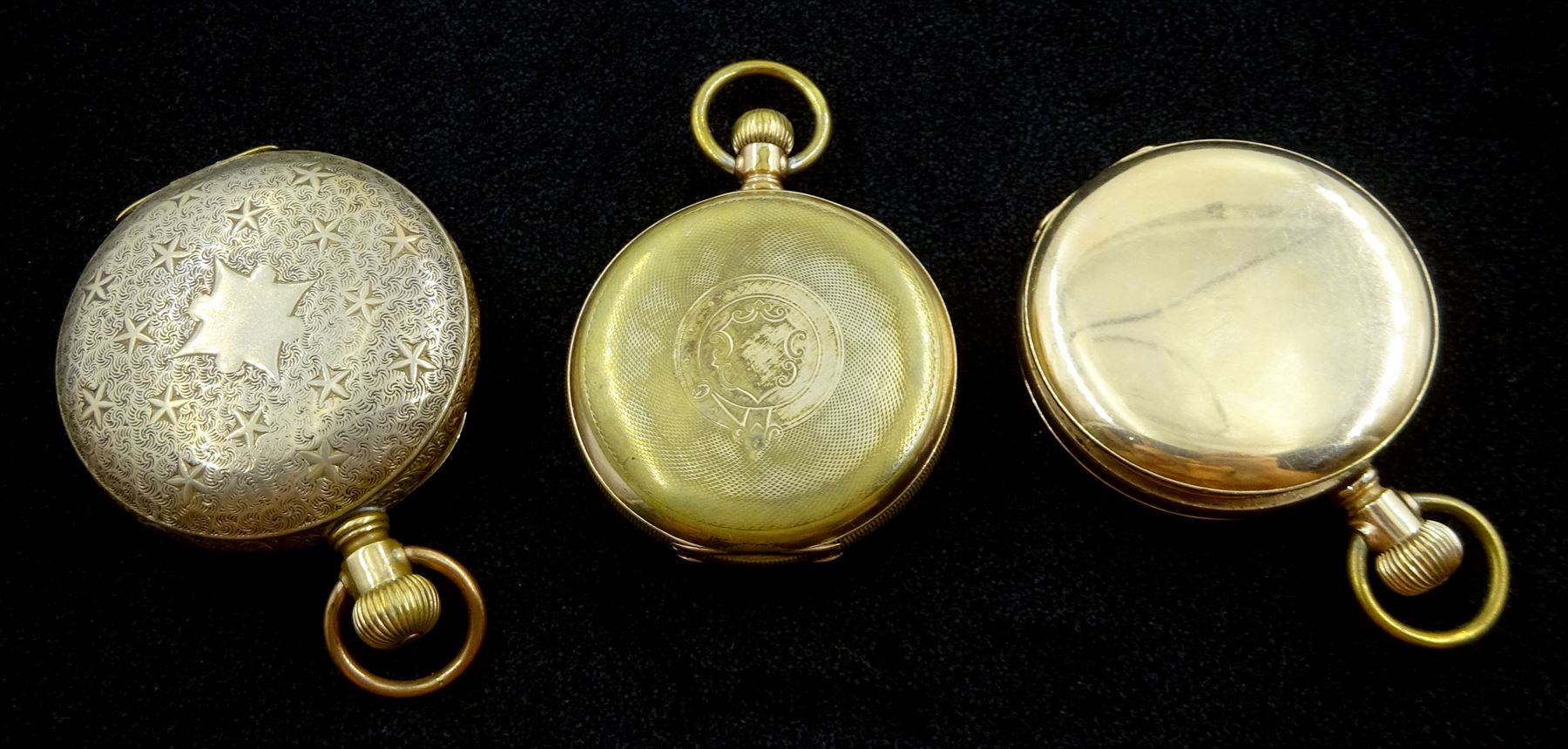 Three American gold-plated pockets including full hunter keyless Traveller pocket watch by Waltham, No. 14690196, full hunter by The New Haven, No. 1180019 and an open face by Elgin, all white enamel dials with Roman numerals