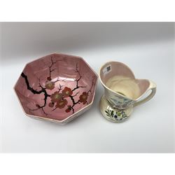 Arcadian ware octagonal bowl  decorated in Japonica design with a pink ground D23.5, alongside jug with floral decoration and a  pearlescent glaze H19cm. 