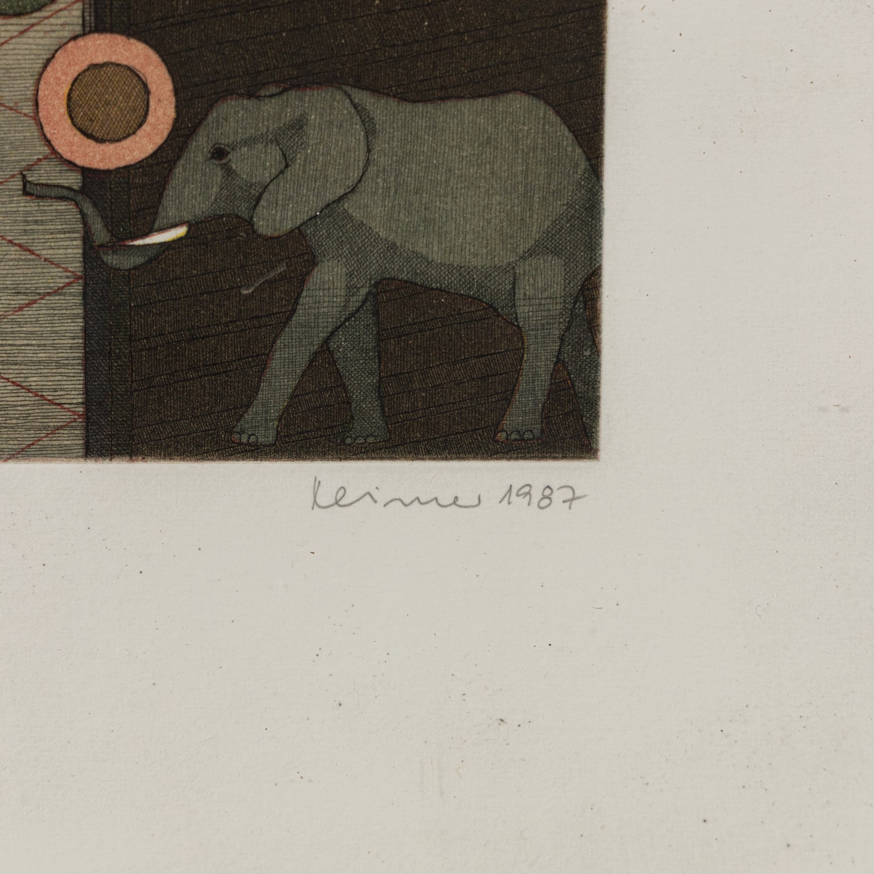 Hans-Joachim 'Jockel' Reisner (German 1938-2023): Imposing Elephant, coloured etching signed and dated 1987 in pencil 32.5cm x 17cm
Notes: Reisner is best known for creating the Bradford City Fire Memorial in 1986. His style of printmaking is characterised by geometric lines and shapes, influenced by his degree in engineering.