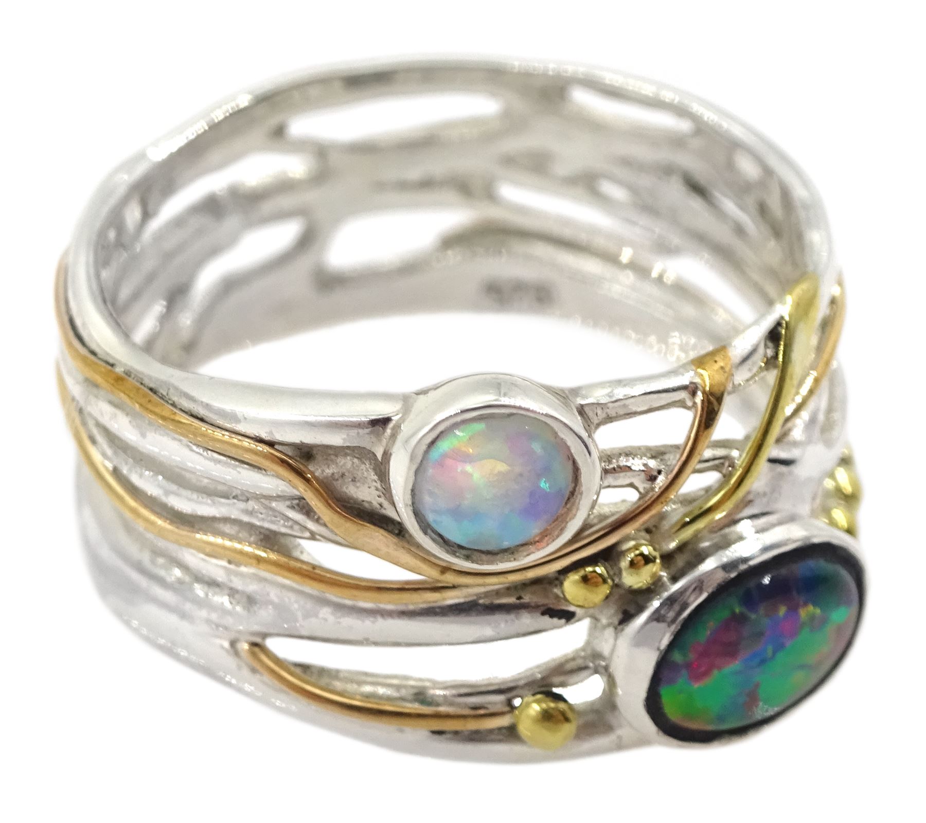 Silver and 14ct gold wire opal ring, stamped 925