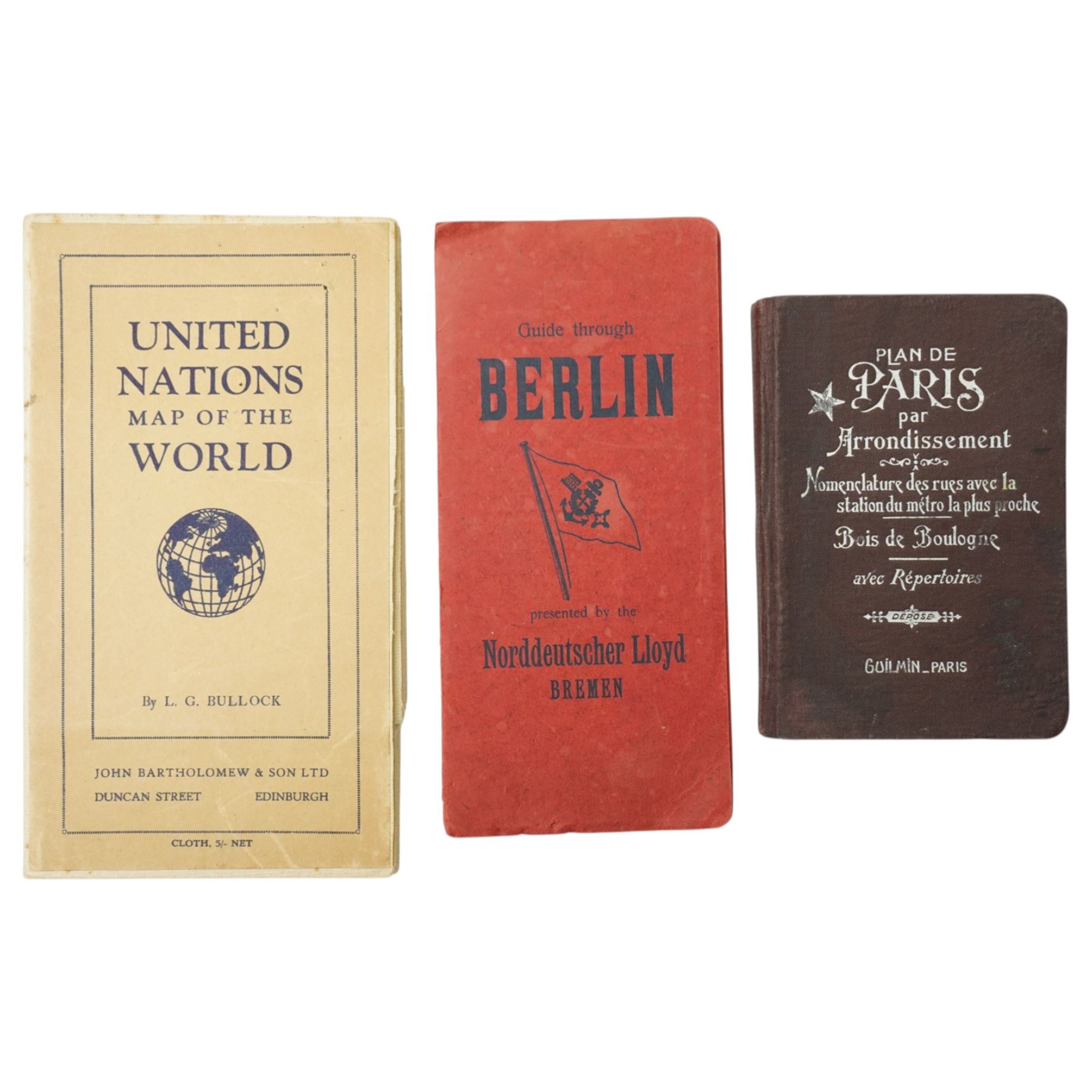 'United Nations Map of the World' - a folding map by L.G.Bullock published by John Bartholomew 1948, 'London at a Glance' booklet, souvenir of The British Empire Exhibition 1924, Bacon's large print folding map of London, Ward Lock London guide book and other guides to London, Paris and Berlin 
