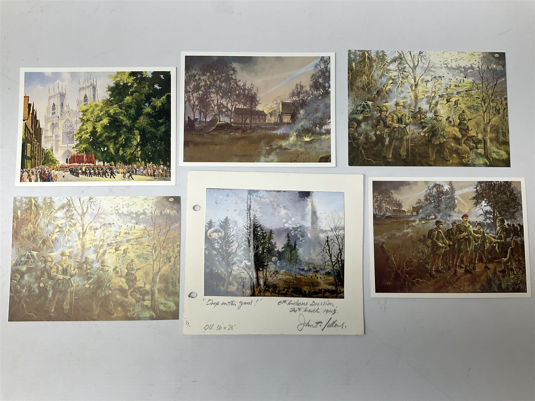 Presentation bronzed figure of a paratrooper by Peter Hicks mounted on a mahogany plinth with plaque inscribed ' Presented to Lieutenant General Sir Michael Gray KCB OBE President Army Parachute Association 1981-1987 An Outstanding Term of Leadership Friendship and Humour. Thank You All Ranks A.P.A.' H28cm; a brass Pegasus plaque H12cm; and small quantity of colour photographs and prints of military related paintings