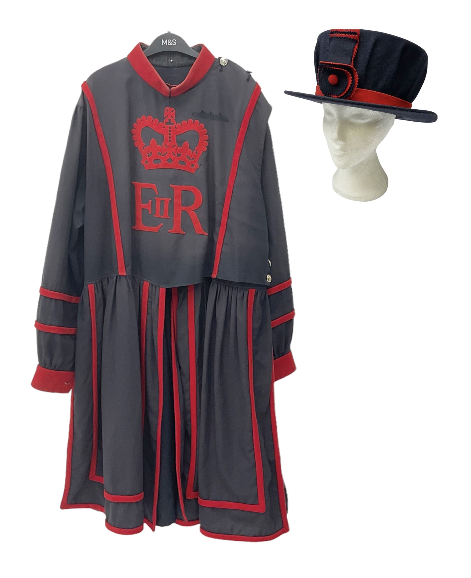Elizabeth II Yeoman Warders (Beefeater) No.1 Undress blue uniform - comprising tunic bearing label Crown Military Uniforms H.M. Tower of London and bonnet by S. Patey (2) 