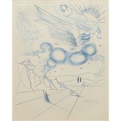 After Salvador Dali (Spanish 1904-1989): 'Pegasus in Flight', drypoint etching in blue ink...