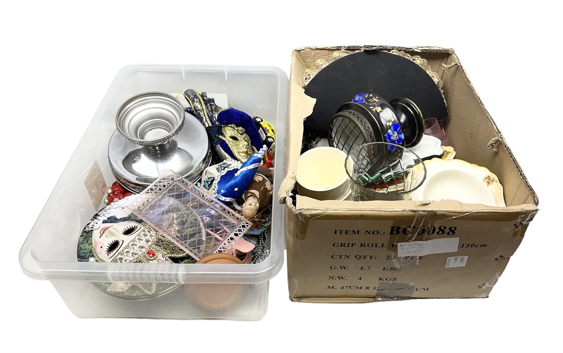 Collection of decorative Venetian masks together with other collectables, in two boxes 