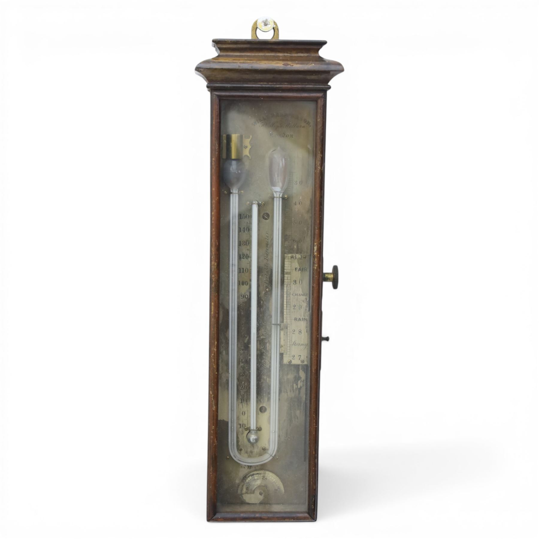 William Harris and Son, London - rare mid 19th century rosewood Patent Compensating Portable Barometer no. 283, rectangular silvered scale and U-shaped mercury tube terminating with a glass cistern and bulb, the centre with mercury thermometer tube and Fahrenheit scale calibrated from minus 10 to 150, the silvered plate engraved 'Harris's Patent Compensating Portable Barometer' and 'William Harris & Son 50 High Holborn London' and serial number '283', side fitted with rackwork vernier scale annotated for barometric inches with weather observations and angled steel pointer for recording temperature, vernier with an independent friction slide adjustment with external secondary brass side knob, bottom edge with recording disc engraved with barometric scale, 33cm high 7.5cm wide